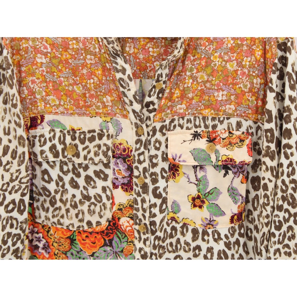 Pilcro Anthropologie Mixed Media Leopard Floral Patchwork Button Down Shirt L - Picture 2 of 10